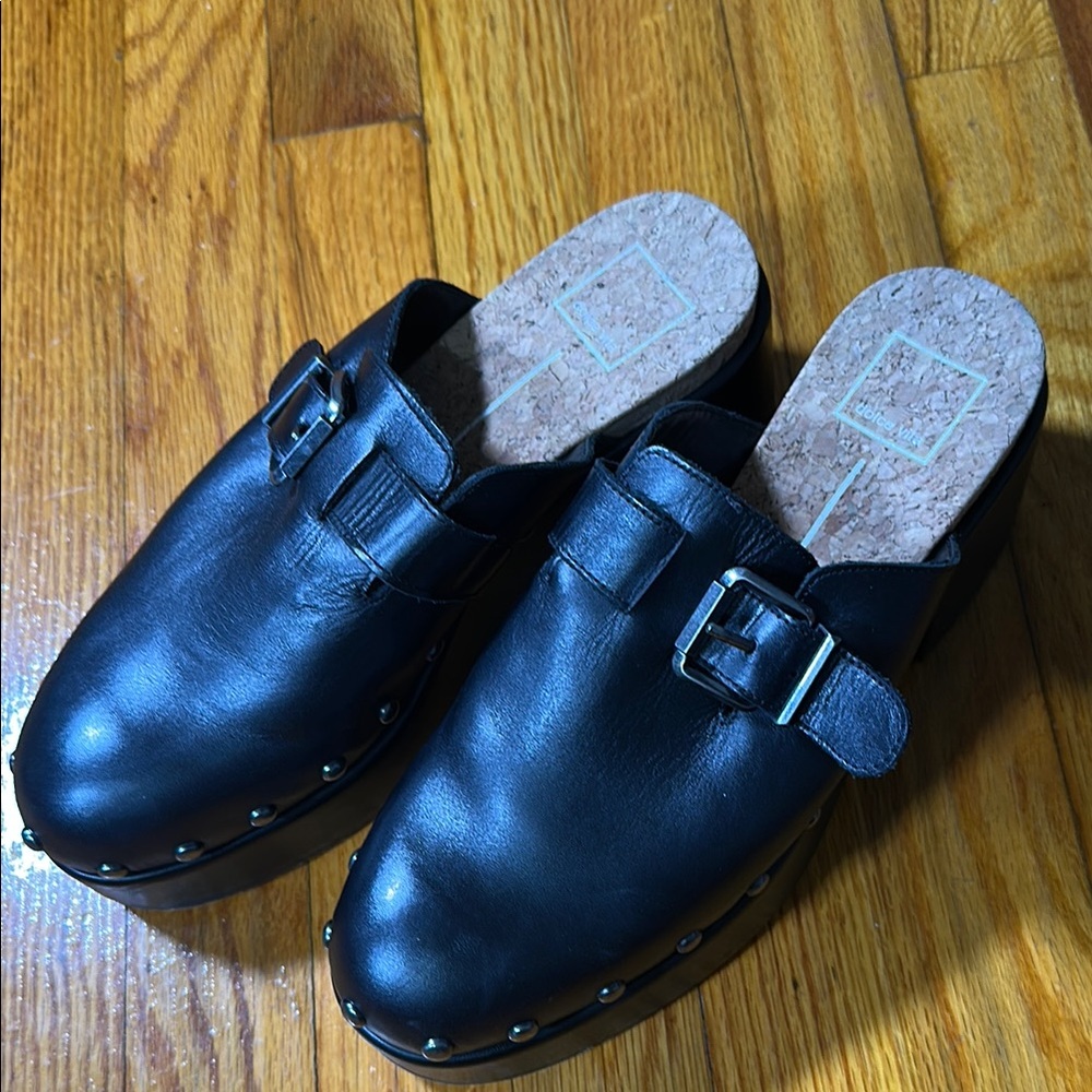 Black Leather Clogs with Buckle Detail